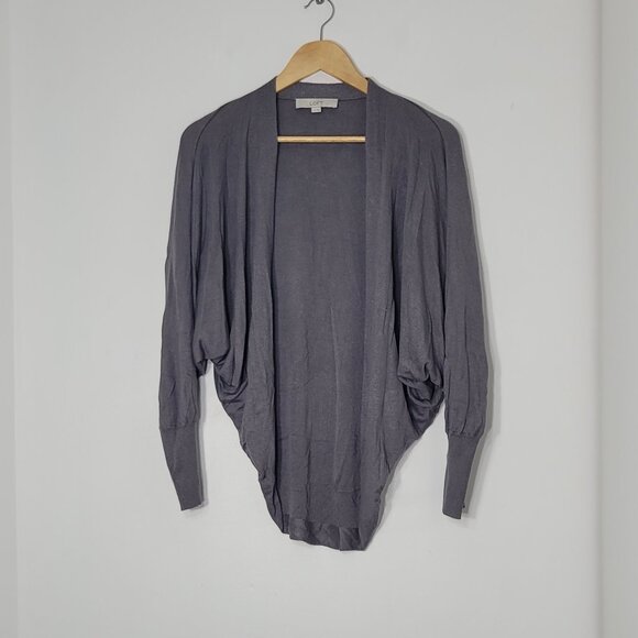 LOFT Women's Gray Silk Blend Dolman Sleeve Open Front Cardigan Sweater Size L/XL - Picture 1 of 9